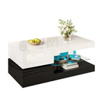 Modern Coffee Table with LED Ambient Lighting, Glass Shelf, High-Gloss Surface, Black and White