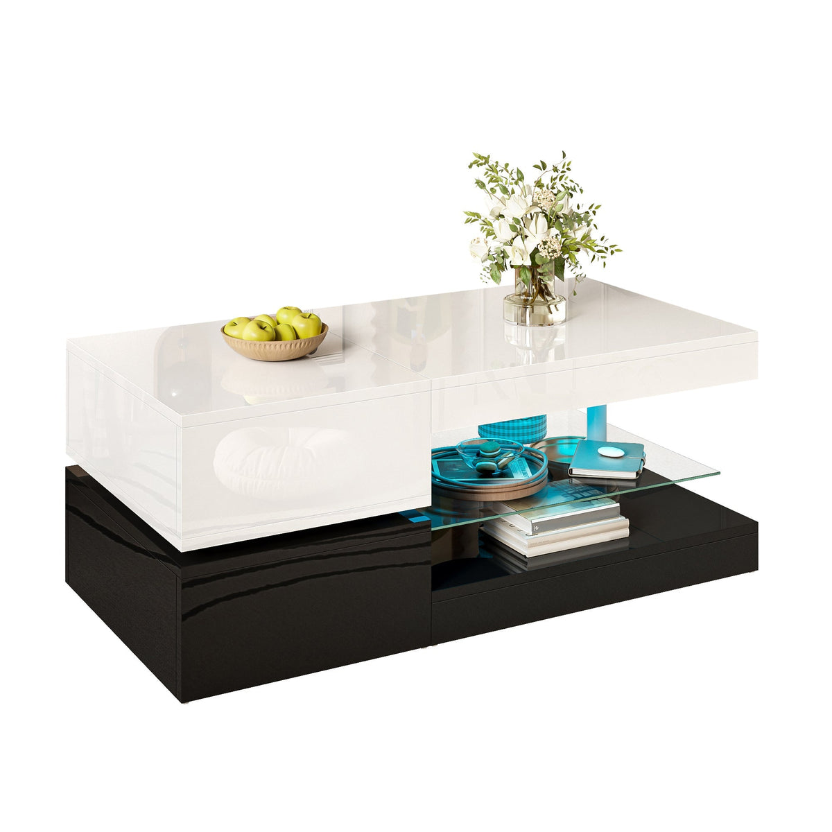 Modern Coffee Table with LED Ambient Lighting, Glass Shelf, High-Gloss Surface, Black and White