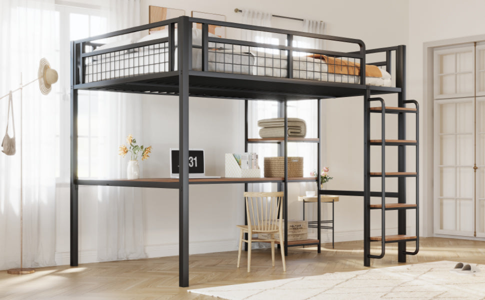 Metal Loft Bed, 140x200 cm with Ladder, Desk & Shelf, Black
