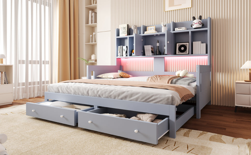 Extendable Sofa Bed with Storage & LED Lighting, Grey Wood
