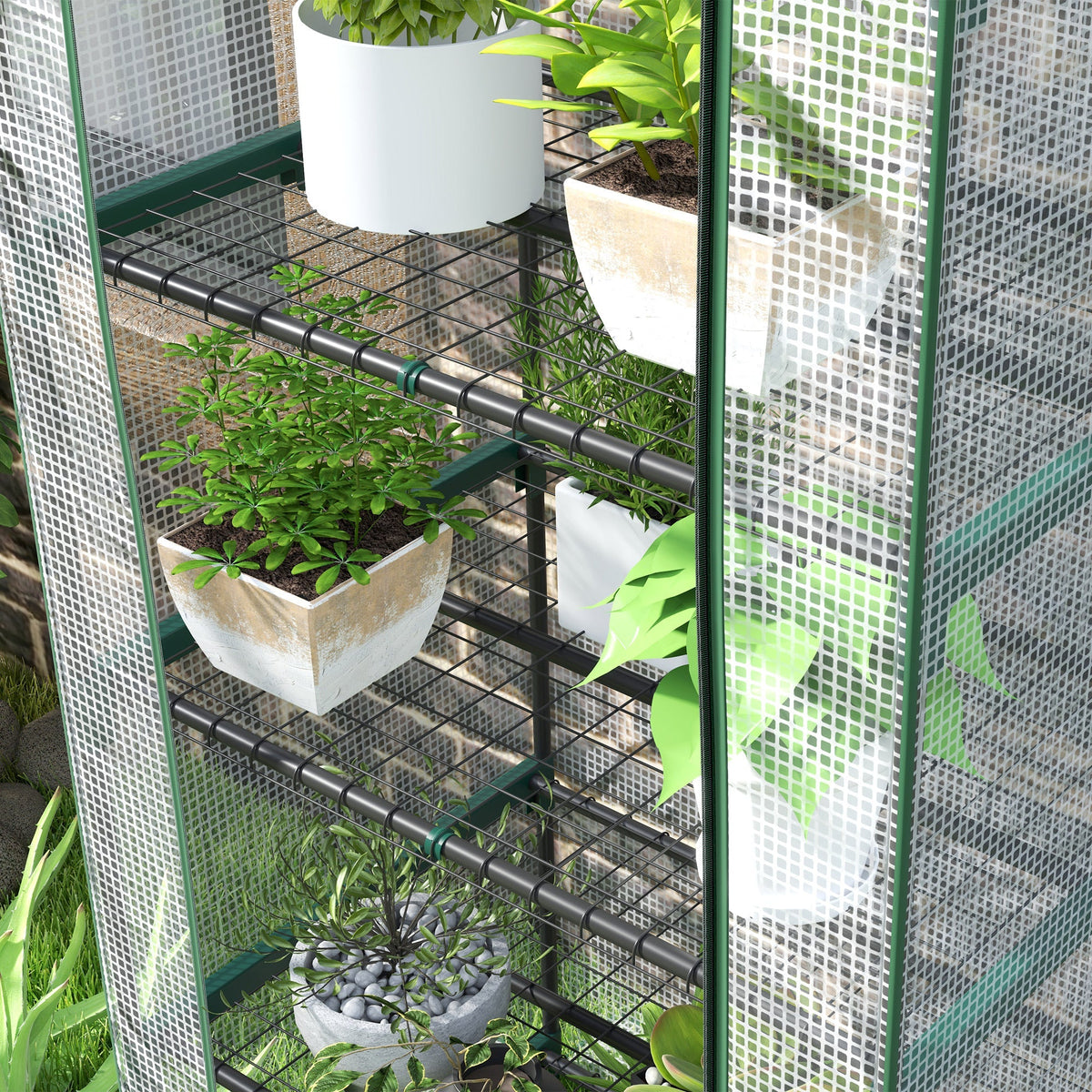 Greenhouse with Roll-Up Door and Shelves, Winter-Proof Steel Film, White