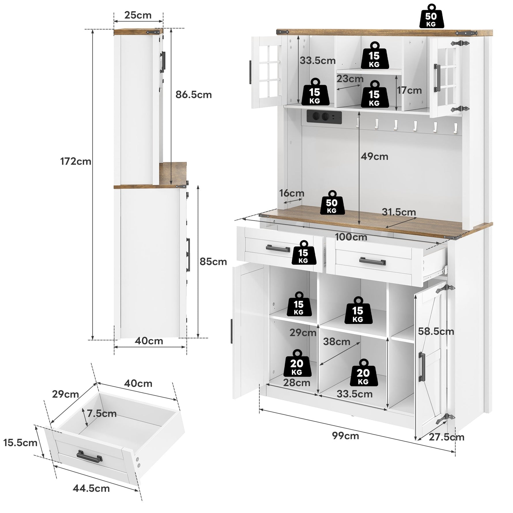 Bar Cabinet Buffet LED Sockets Barn Door 2 Drawers - White