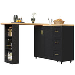Extendable Bar Cart 2 Doors 3 Drawers Bar Table On Casters White/Black Wood Look