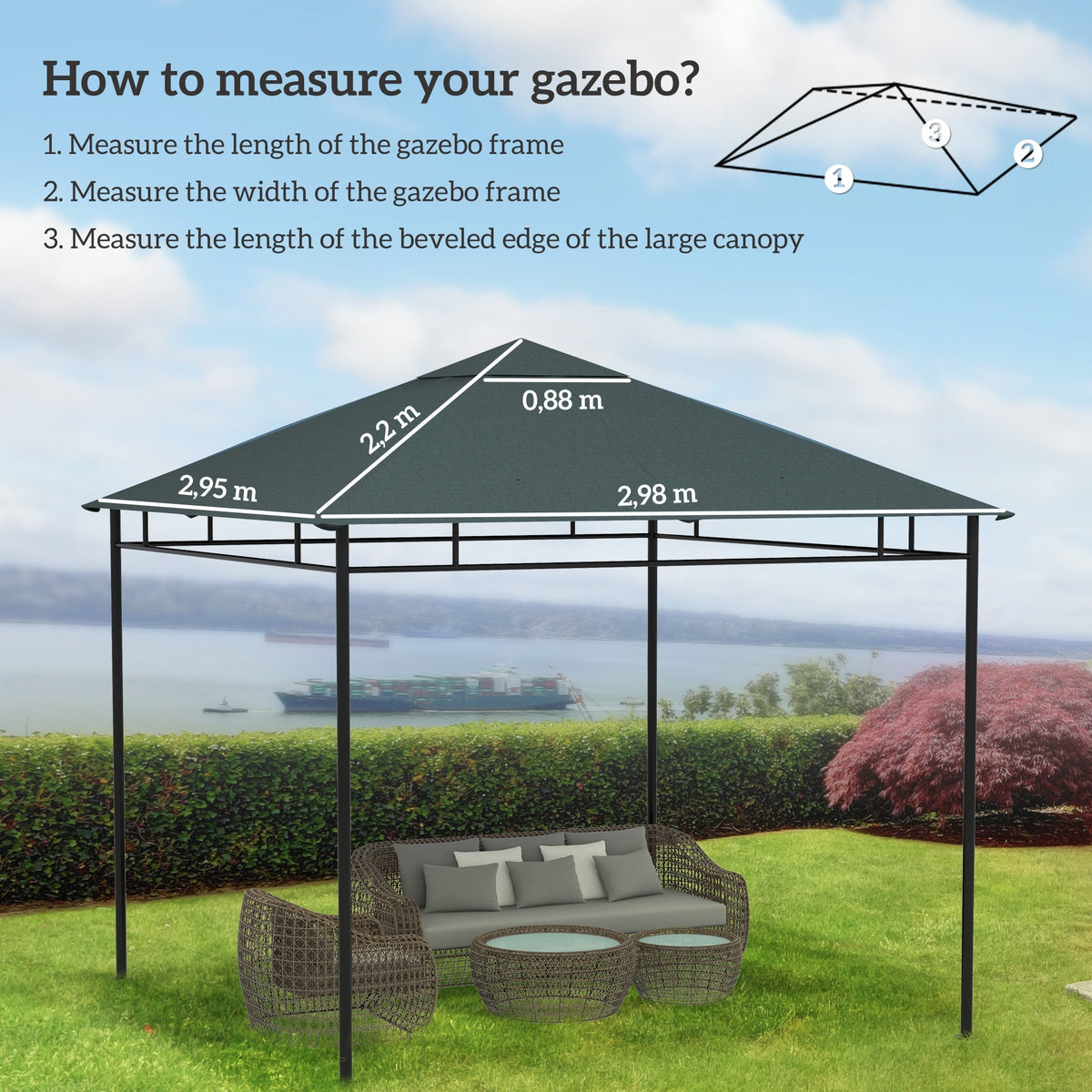 Pavilion Roof Replacement 3x3m Sunshade Polyester Dark Grey