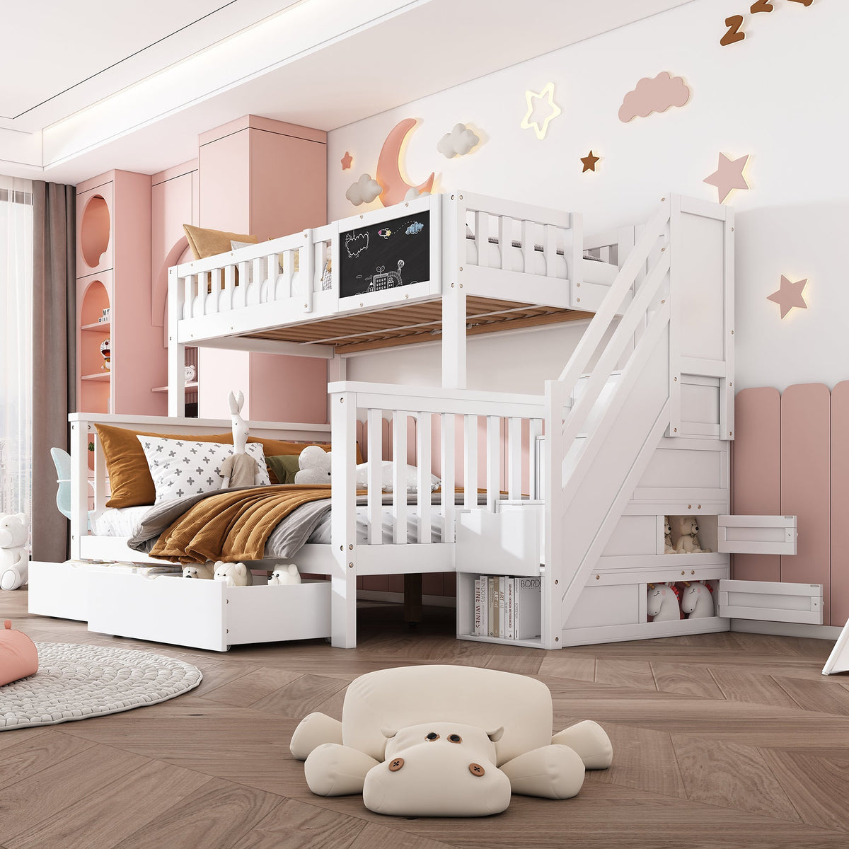 Multifunctional Children's Bunk Bed with Chalkboard and Drawers, 90x200cm and 140x200cm, White