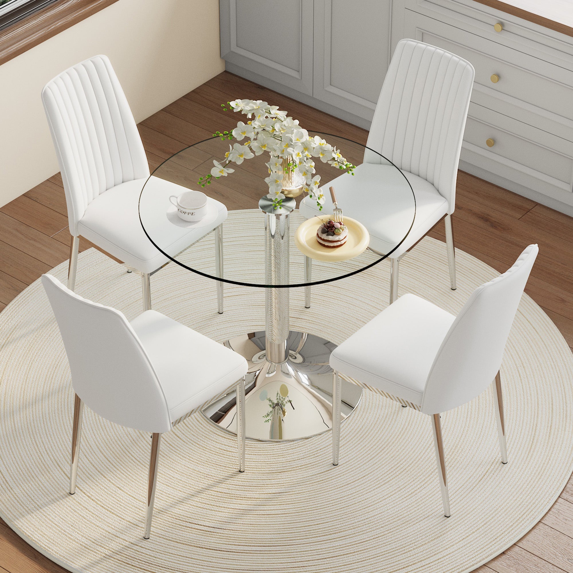 Dining Table Set, Minimalist 85cm Glass Table with 4 Chairs, White Faux Leather