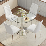 Dining Table Set, Minimalist 85cm Glass Table with 4 Chairs, White Faux Leather