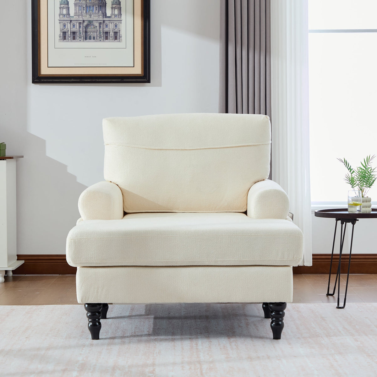 Chenille Fabric Lounger with Side Pockets and Wooden Legs, Modern Minimalist