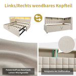 Upholstered Bed 90x200 with Trundle, LED & USB, Beige Linen