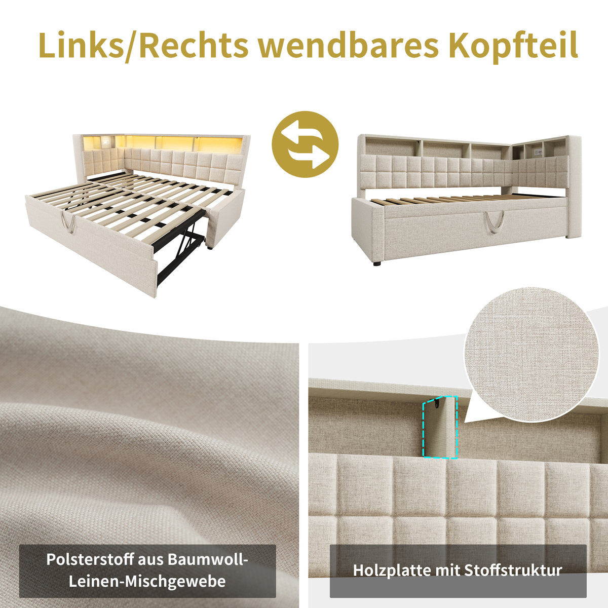 Upholstered Bed 90x200 with Trundle, LED & USB, Beige Linen