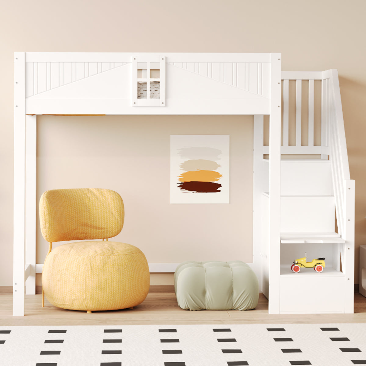 Solid Wood Loft Bed 90x200cm with Safety Door & Ladder, White