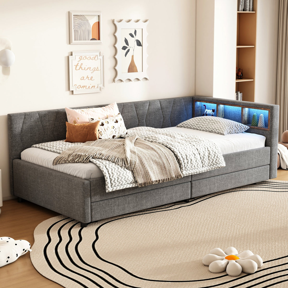 Daybed Sofa Bed 90x200cm Storage Compartment USB/Type C Two Drawers Linen Grey
