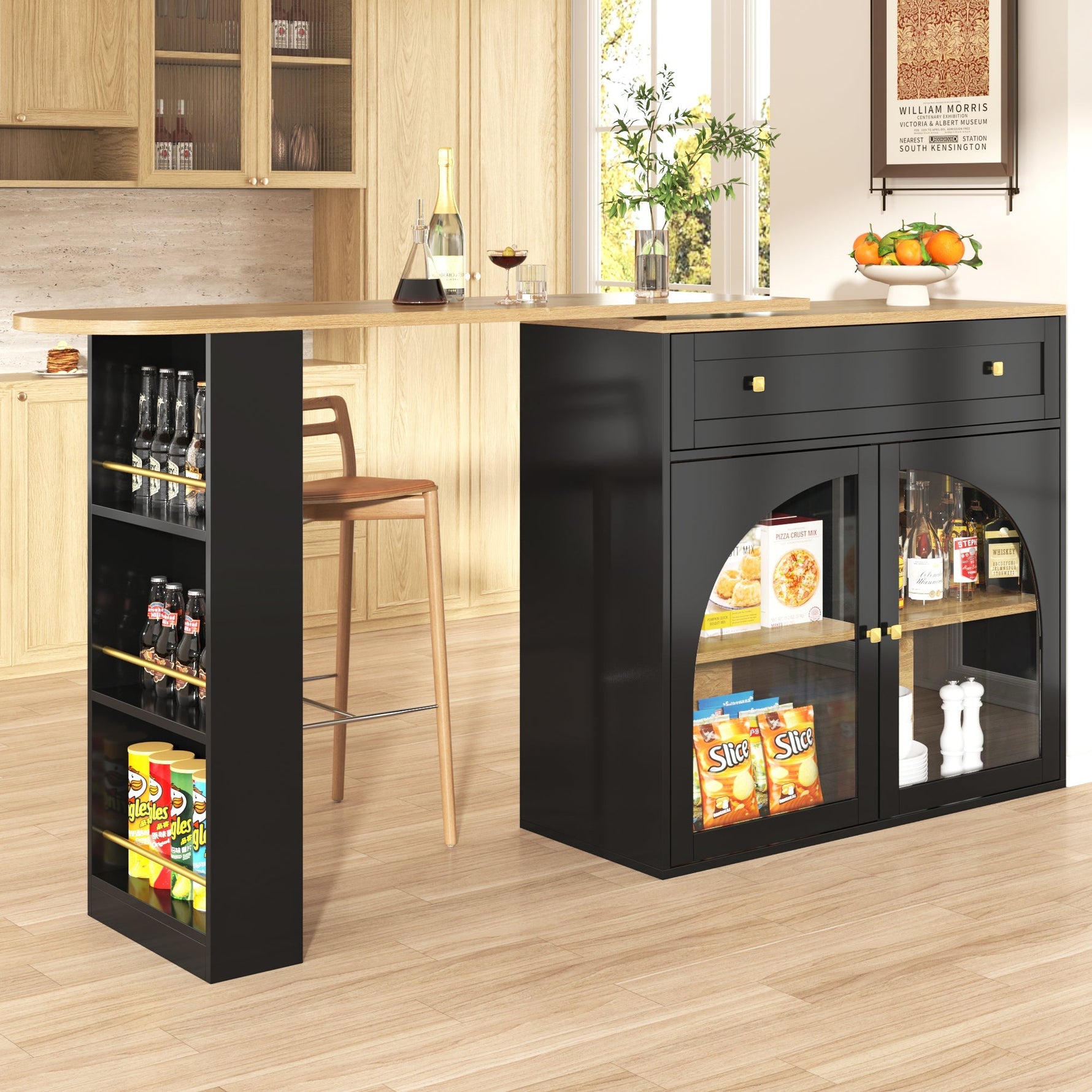 Extendable Bar Table 360° Rotating Storage Shelves Glass - Black