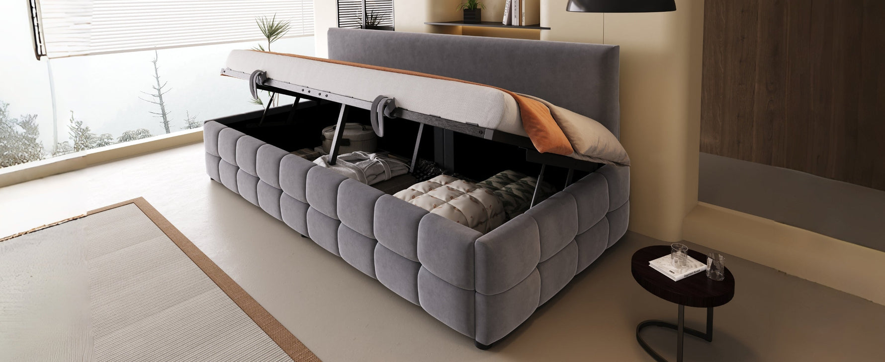 Upholstered Sofa Bed 90x200cm, Hydraulic Storage, Backrest, Check Pattern, Dark Grey Velvet
