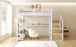 Metal Loft Bed 140x200 Storage Ladder Shelves Table, White
