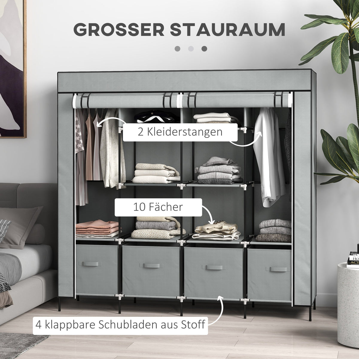 Fabric Wardrobe, Clothes Rail 10 Compartments 4 Drawers, Dark Grey