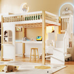 Loft Bed 140x200cm with LED Lights, Desk, and Storage Ladder, White + Natural