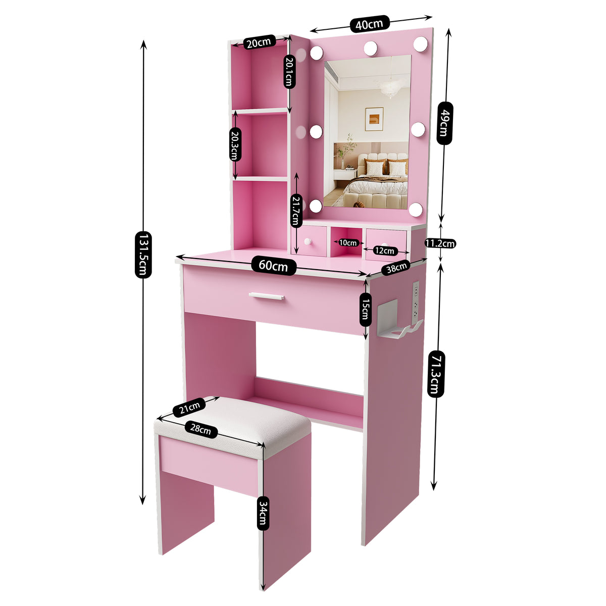 Small Vanity Set with LED Mirror, Storage & Stool, Pink