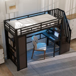 Loft Bed 90x200 cm with Desk, Storage & LED, Black Iron Frame