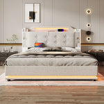 Upholstered Bed 140x200cm Hydraulic Storage LED USB/Type-C Linen Beige