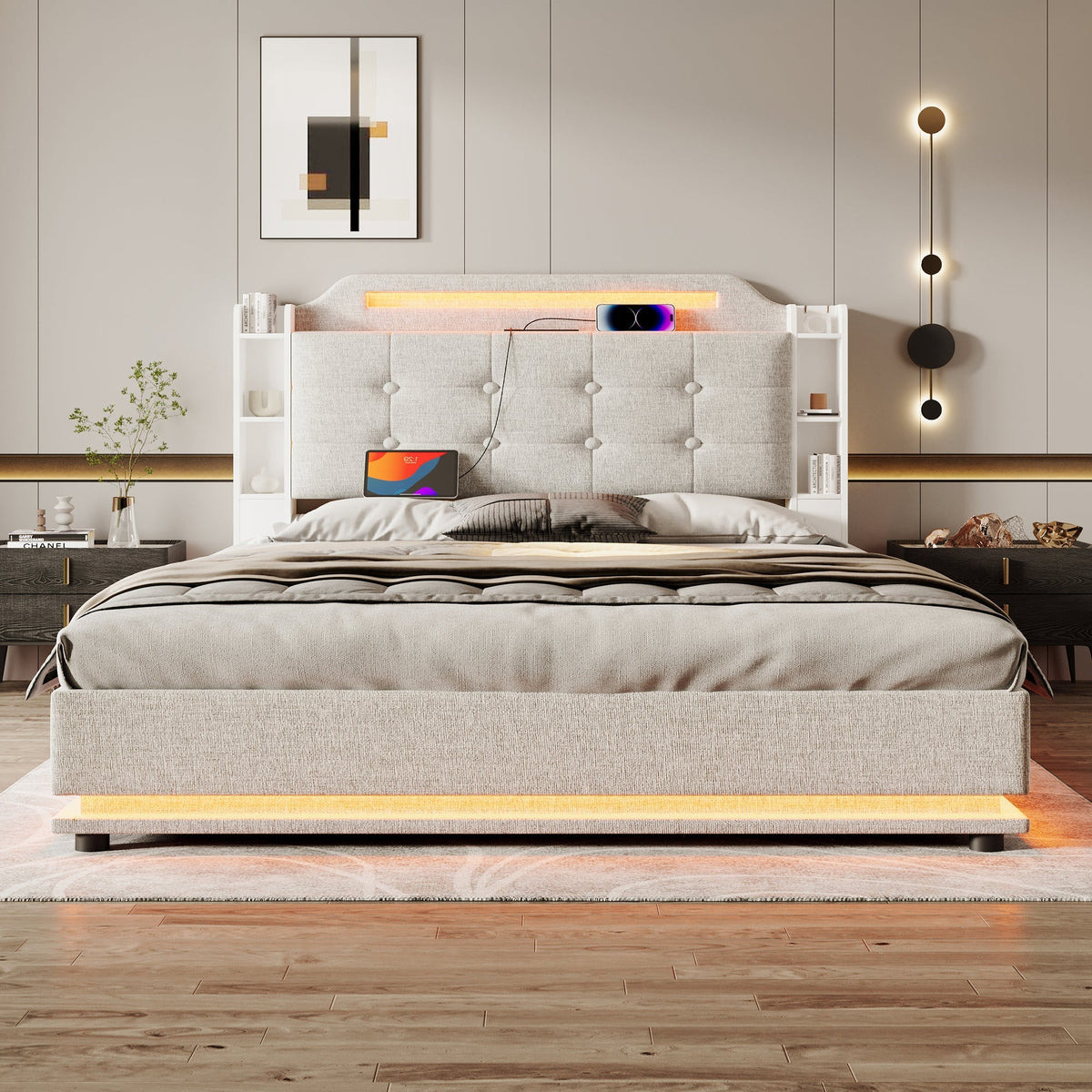 Upholstered Bed 140x200cm Hydraulic Storage LED USB/Type-C Linen Beige