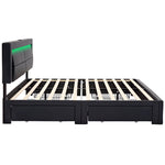 Upholstered Bed 140x190cm LED Light USB Charging 4 Storage Drawers Lychee PU Black