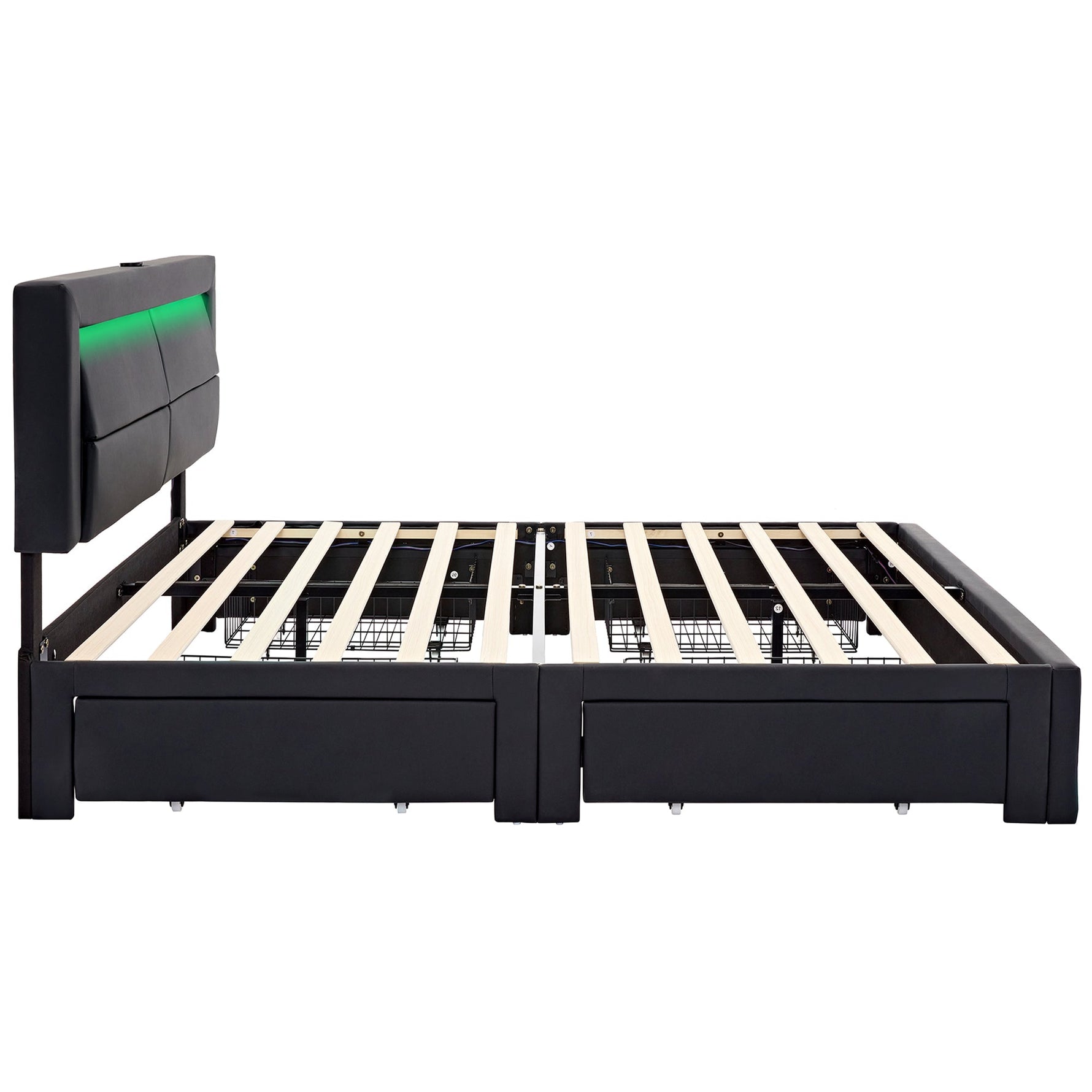 Upholstered Bed 140x190cm LED Light USB Charging 4 Storage Drawers Lychee PU Black