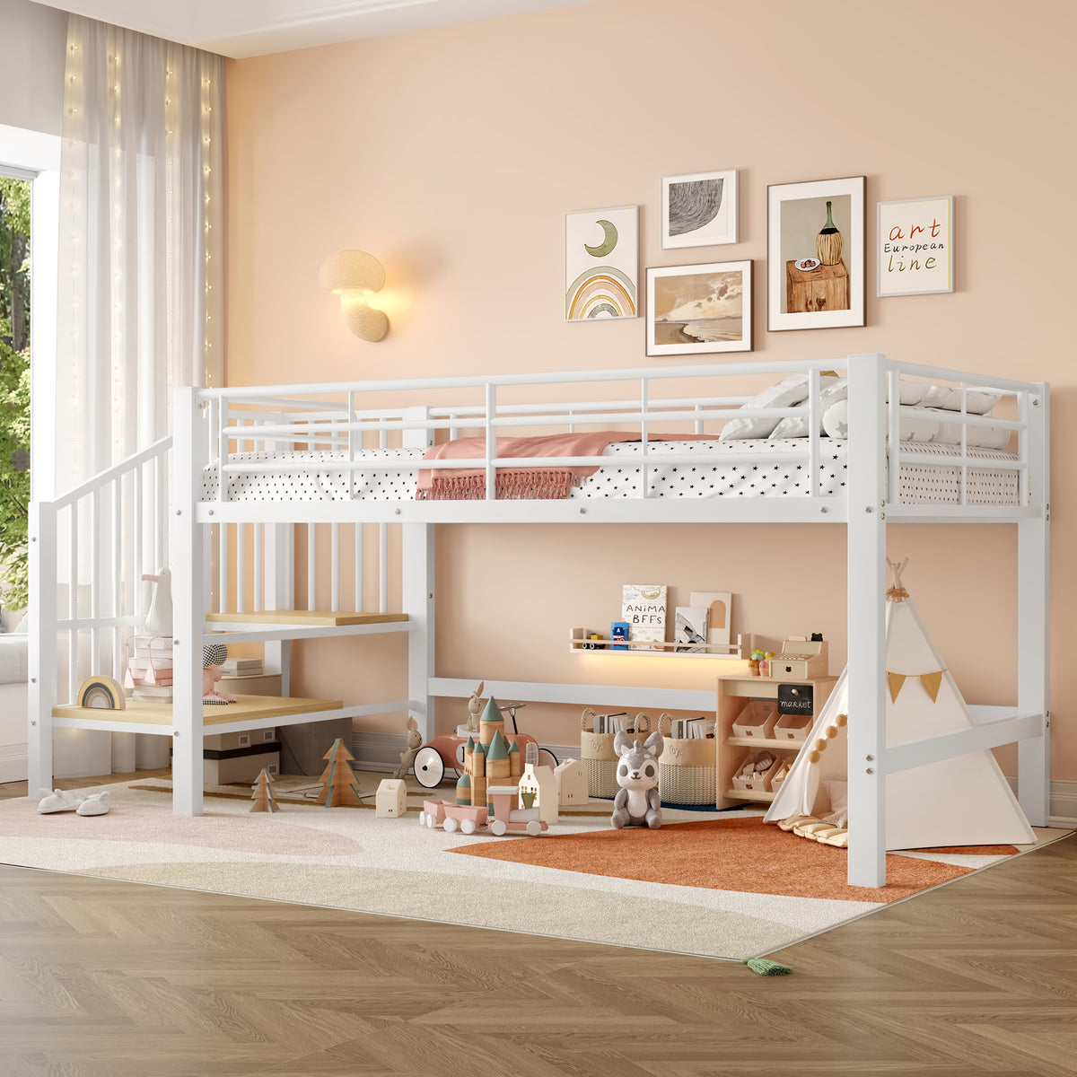 Semi-High Loft Bed 90 x 200 cm with Storage Stairs, White