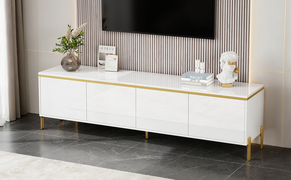 TV Stand Modern High-Gloss with 4 Cabinet Doors and Storage, Gold Edge Banding