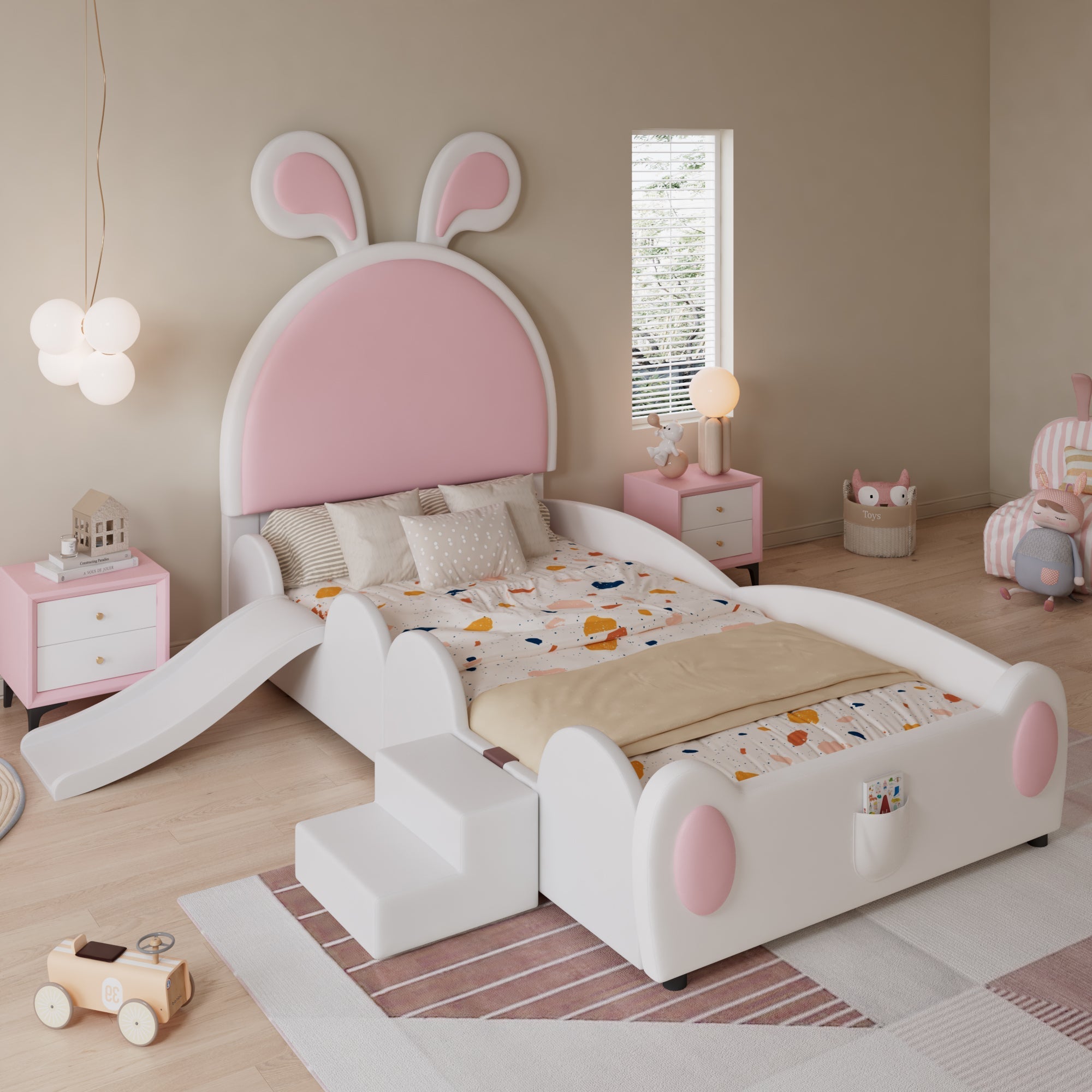 Upholstered Single Bed with Slide, Bunny Ears Headboard, 90x200cm, PU White/Pink