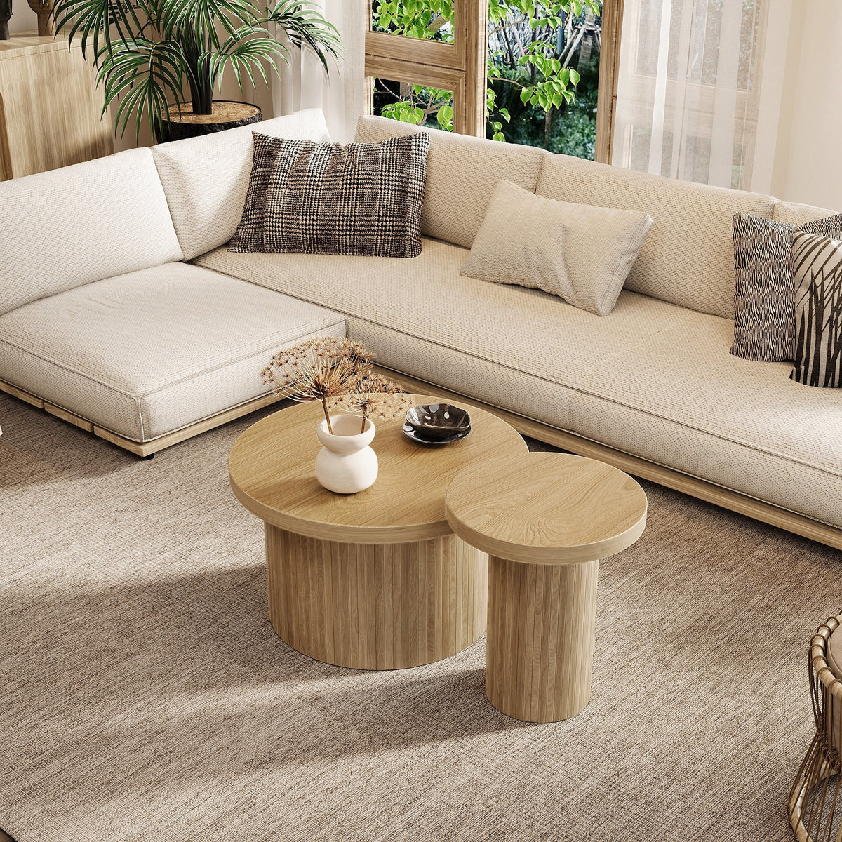 Coffee Table, Double Round Side Table, Natural Wood