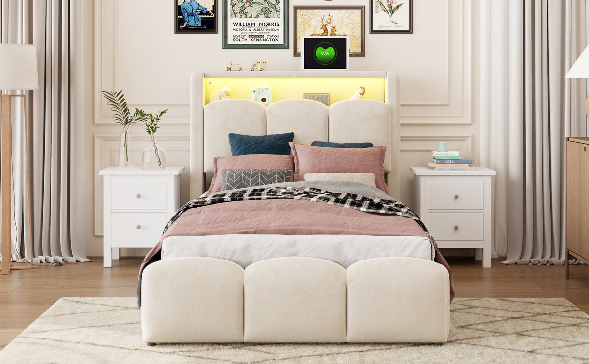 Upholstered Bed 90x200 with Storage & LED, Beige Velvet