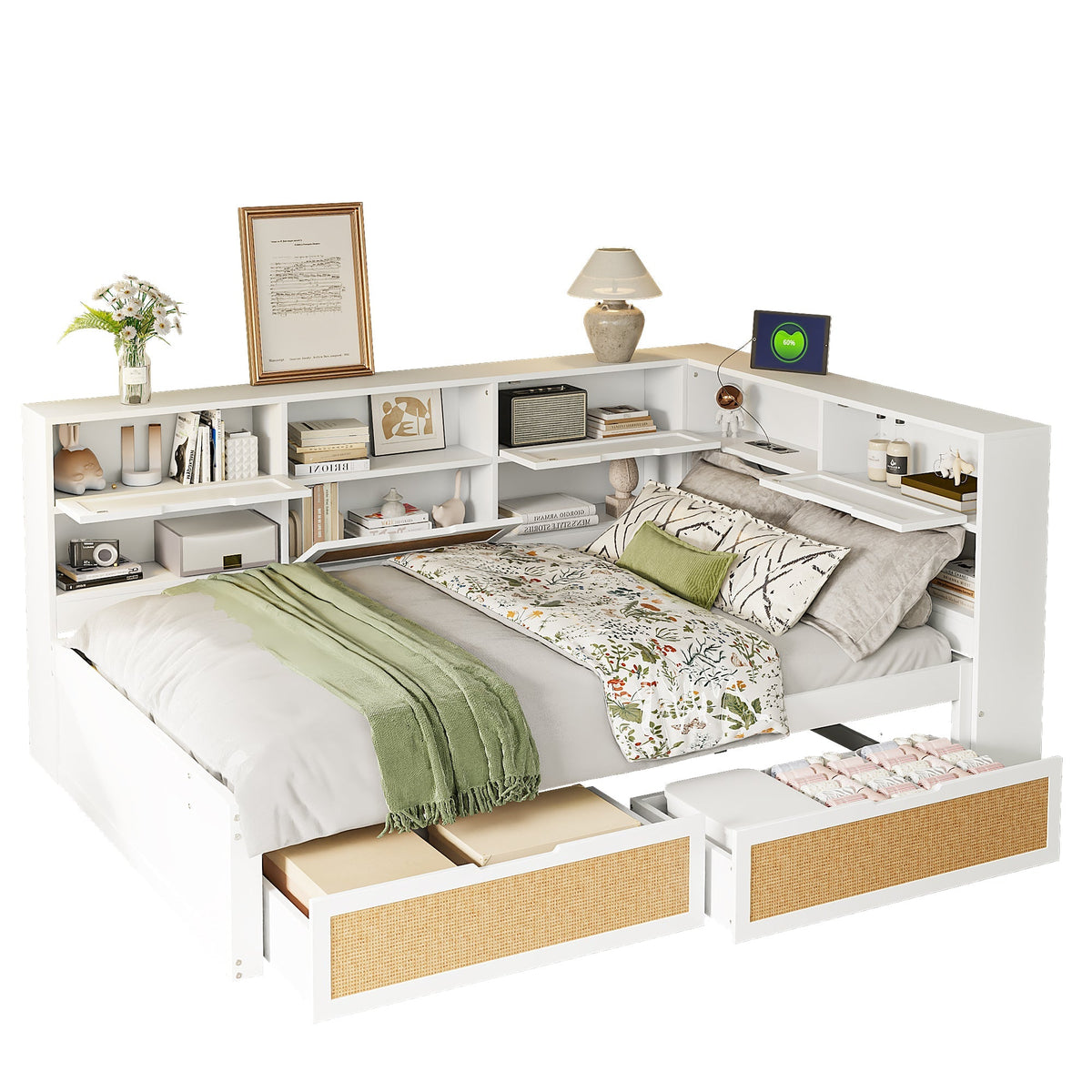 Solid Wood Sofa Bed 140x200 Multifunctional Single/Children's Storage Charging Port, White