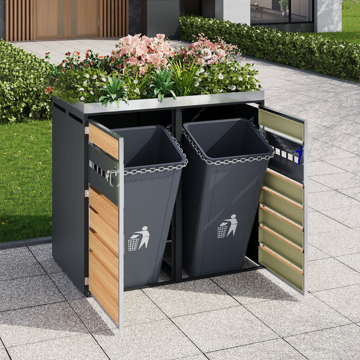 Trash Can Storage Box with Lockable Two Doors and Planting Area, Ventilation, Steel