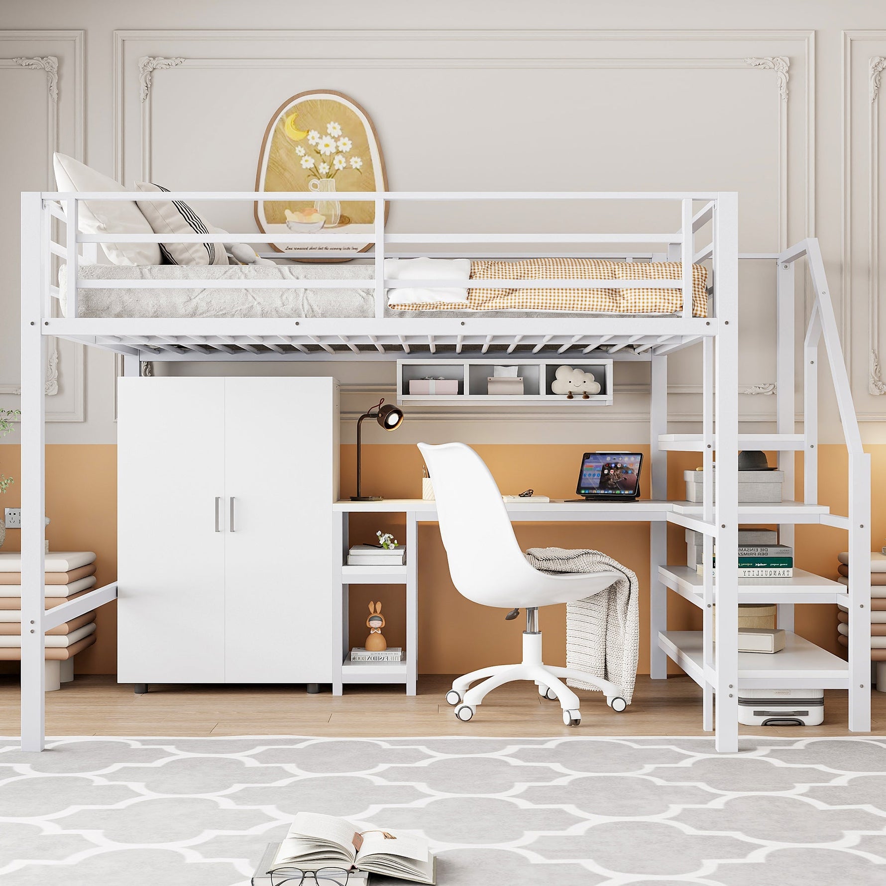 Loft Bed 140x200cm Wardrobe Desk Storage Ladder Shelves - White