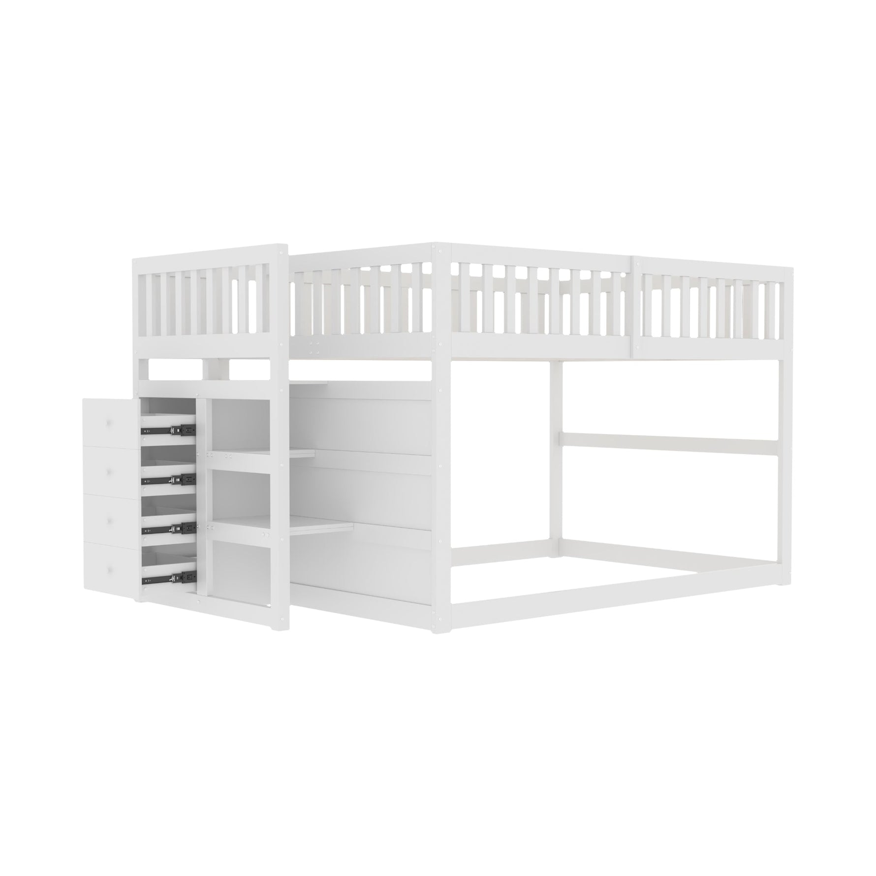 Low Bunk Bed, 140x200cm Safety with Storage & High Fence, Wooden White