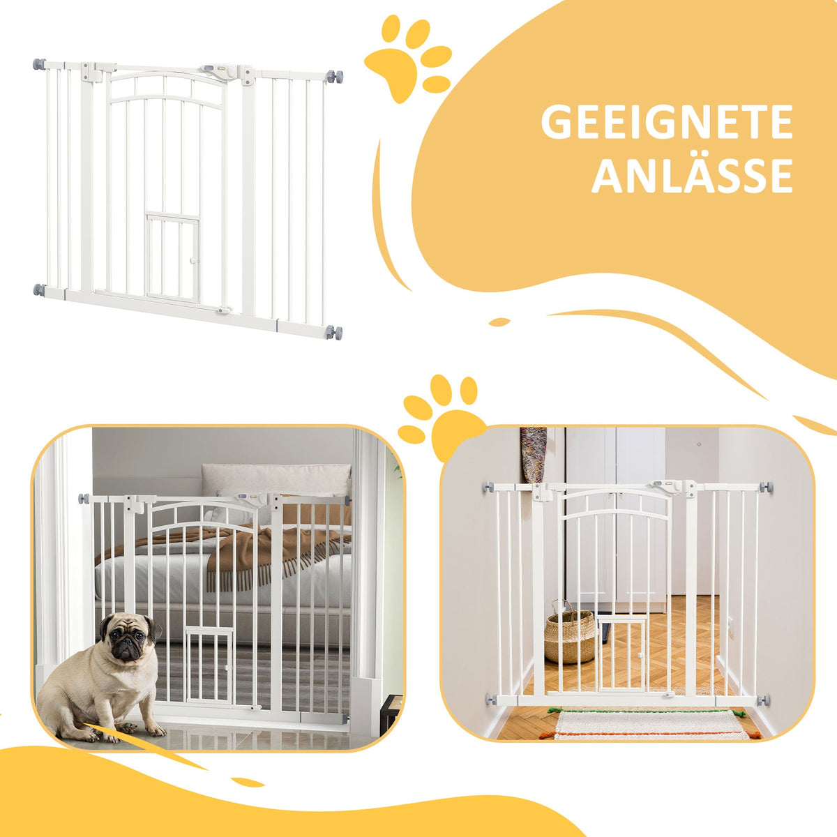 Stair Gate for Dogs, Automatic Closing, Cat Flap, Drill-Free, 74-100cm, White