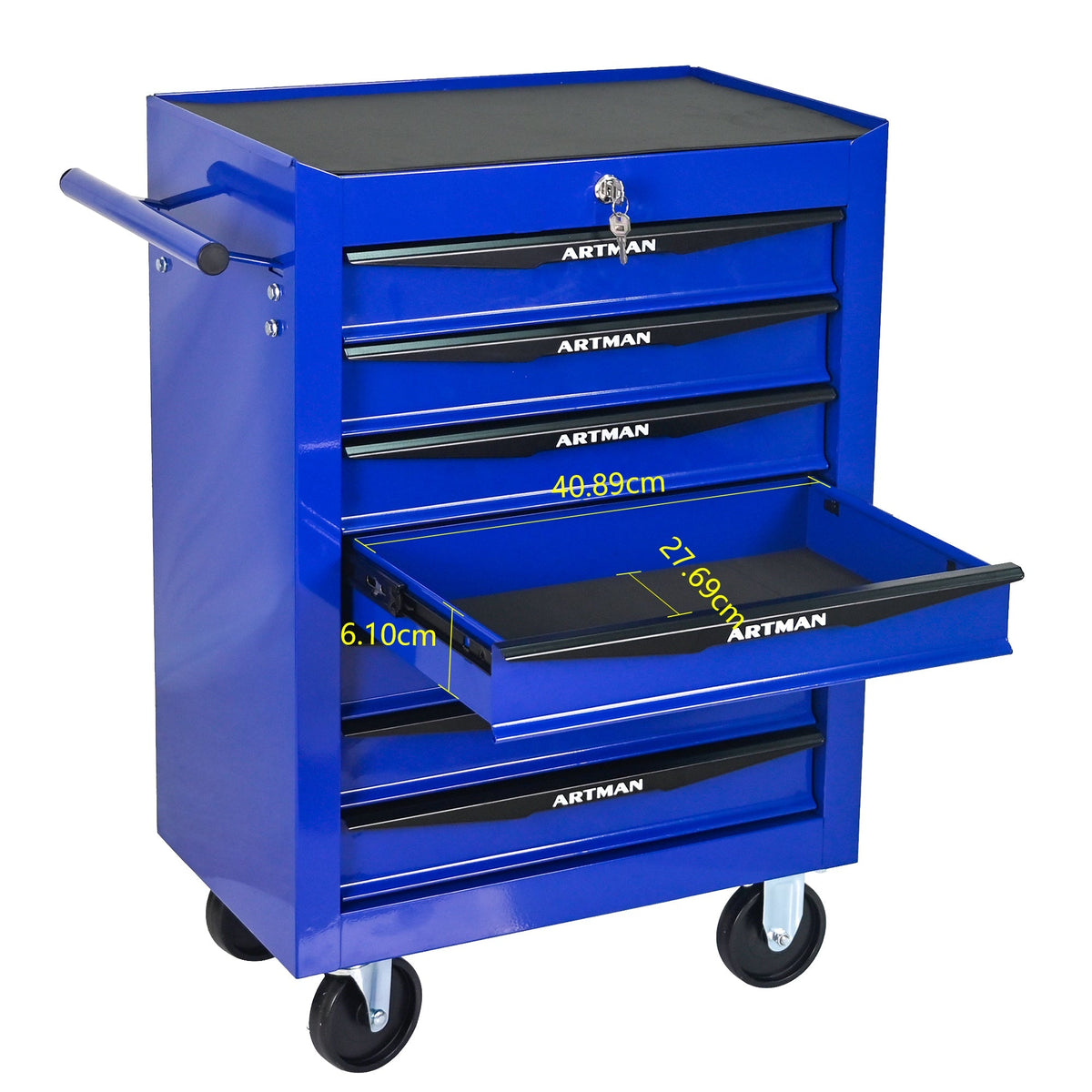 Rolling Tool Cabinet with 7 Drawers, Ball Bearing Slides, Steel Black & Blue