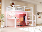 Metal Loft Bed with Storage Ladder, Wardrobe, Table and LED, 140x200cm, White Metal