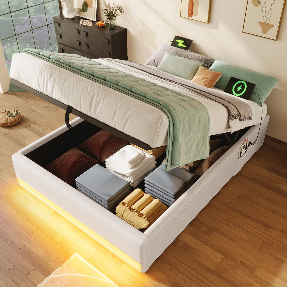 Upholstered Bed 90x200cm Hydraulic Storage LED USB/Type-C Pockets - Beige