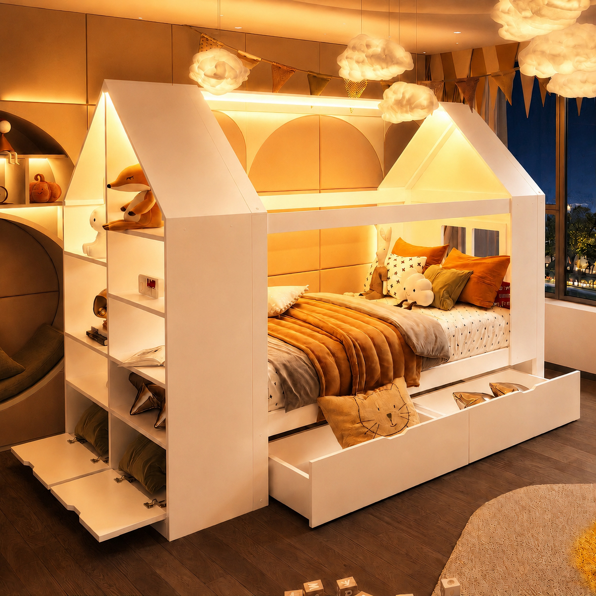 House Bed 90x200cm with 2 Drawers & LED Lighting, White