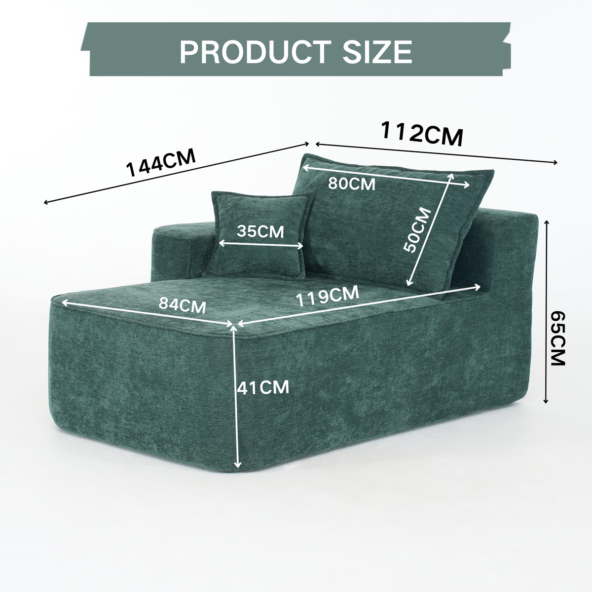Comfortable Chaise Longue Sofa with Cushions and Side Pockets, Green