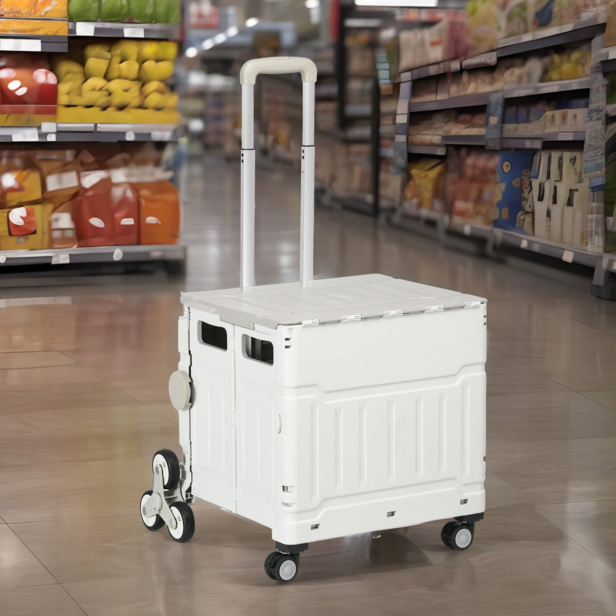 Folding Shopping Trolley, Adjustable Telescopic Handle, Stair Climber 80 kg, with Lid, White