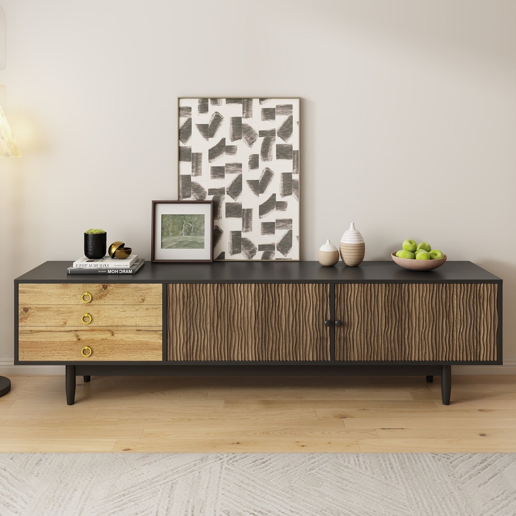 TV cabinet, water wave pattern, three drawers, wood and black