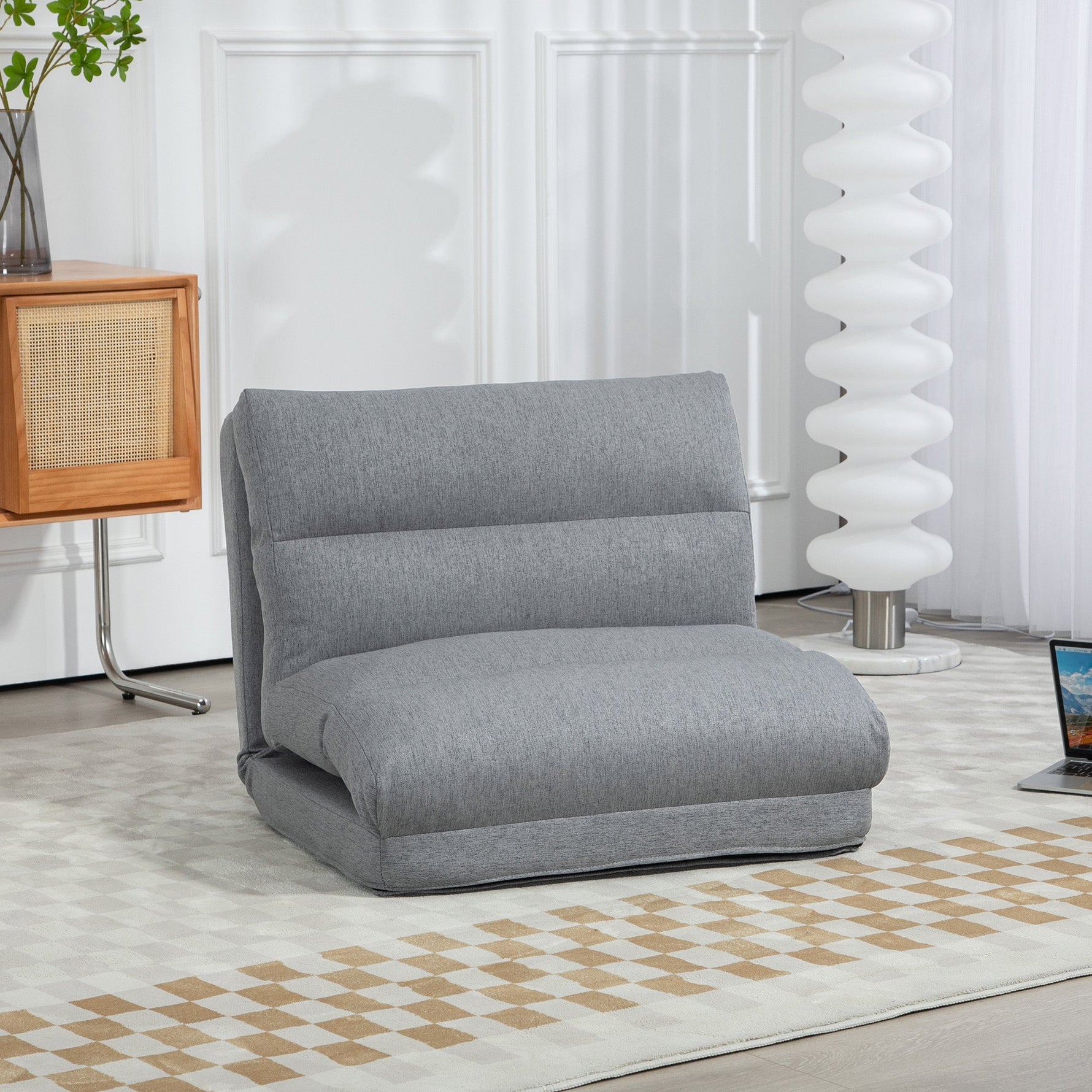 Folding Floor Chair, 6-Position Adjustable Backrest Bed Function Thick Cushion, Linen Look Grey