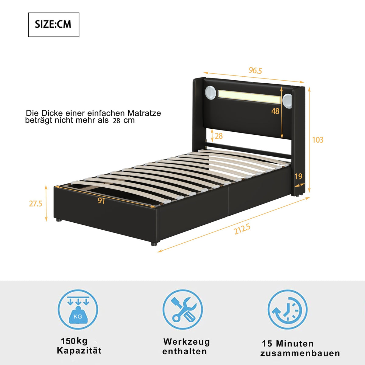 Children's Bed 90x200 with LED, Bluetooth & USB, PU Leather