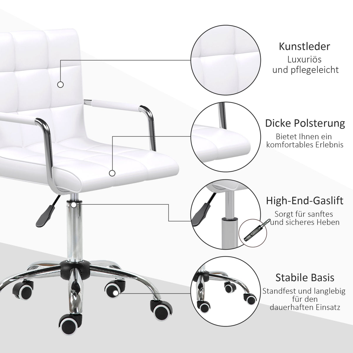 Office Chair, Height-Adjustable Ergonomic Swivel Executive, PU White