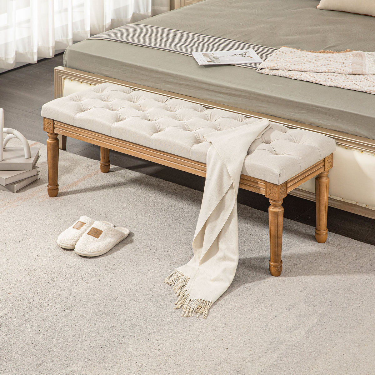 Upholstered Bench, Bed Bench, Wooden Legs, Cream