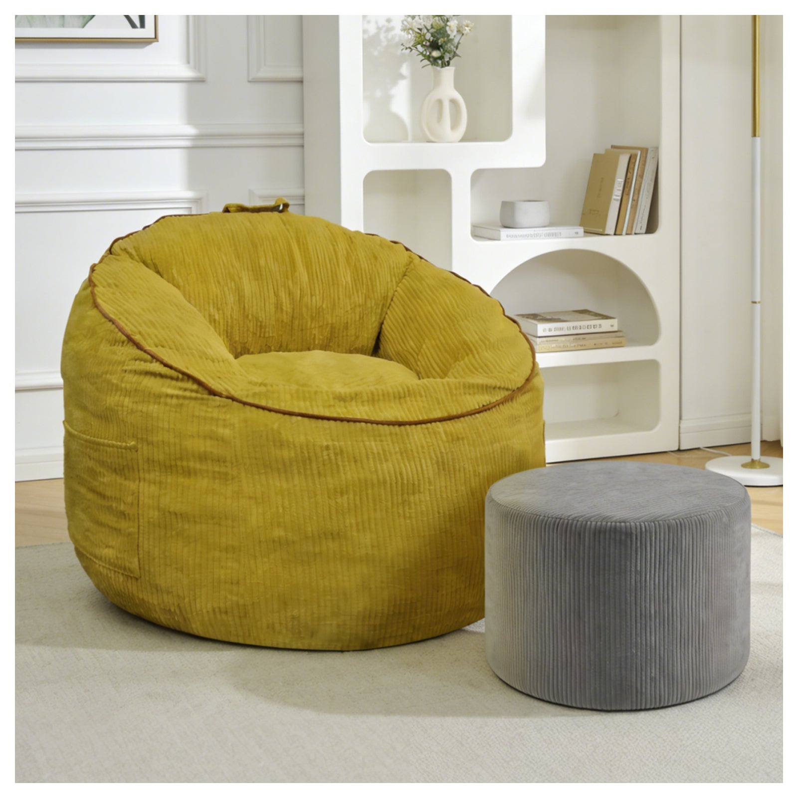 Ergonomic Curved Bean Bag Chair with Storage Pocket and Matching Ottoman, Modern Comfort