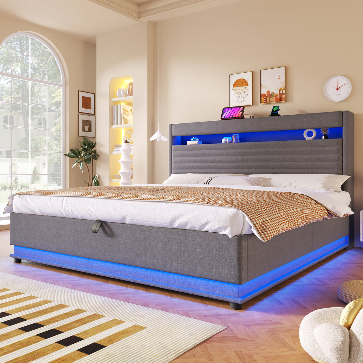 Upholstered Bed 180x200 with Storage & LED Light, Grey Linen